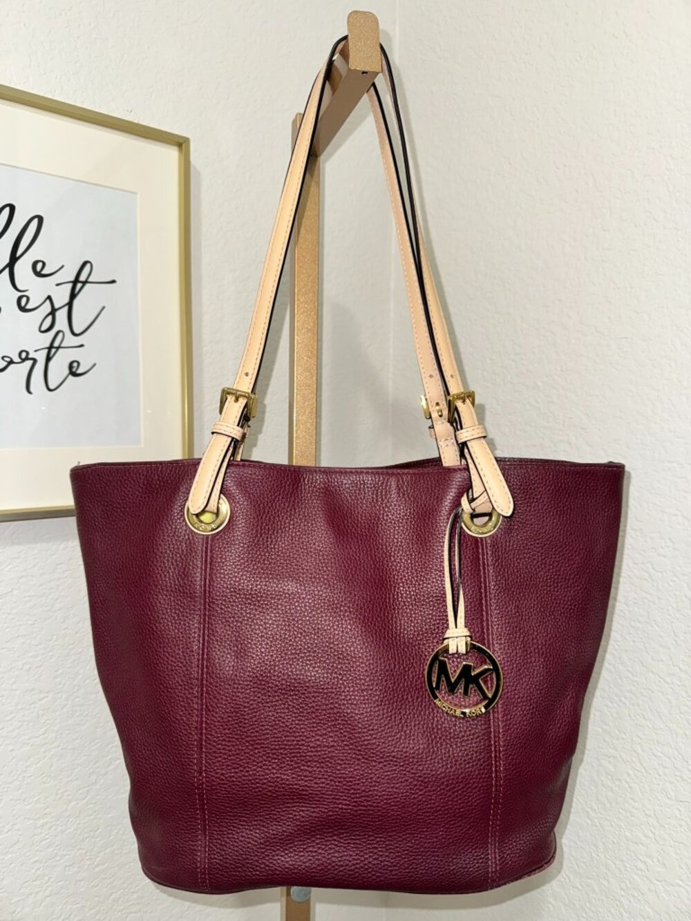Michael Kors Jet Set Burgundy Pebbled Leather Handbag | Large Tote